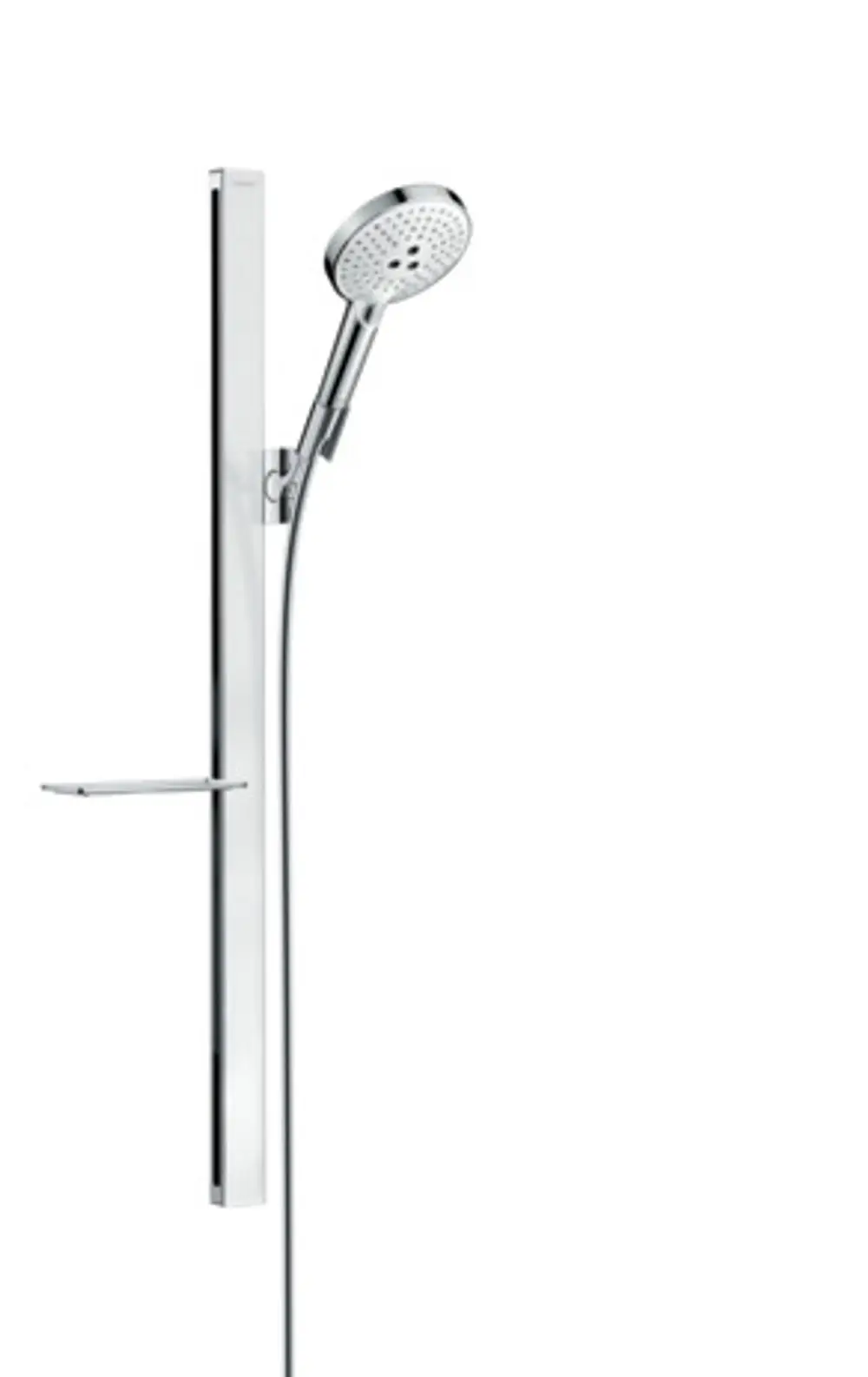 Hansgrohe Brauseset mit runder Handbrause, montiert an einer vertikalen Stange, und Ablage, in Weiß und Chrom. Minimalistisches Design, geeignet für moderne Badezimmer.